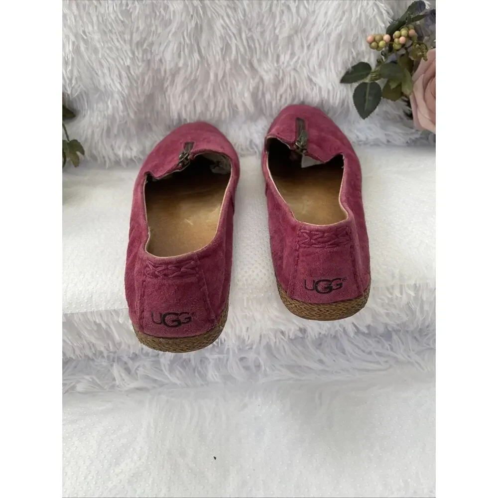 UGG Pink Suede Zip Front Flats Loafers Espadrille Trim Women’s Size 10 EU 41